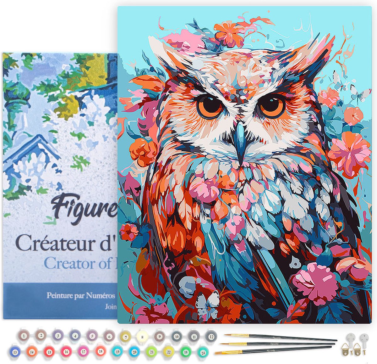 FiguredArt Schilderen op Nummer Volwassenen met lijst Kleurrijke Uil in Bloei - Handwerk acrylverf Kit DIY Compleet - 40x50cm Canvas al ingelijst